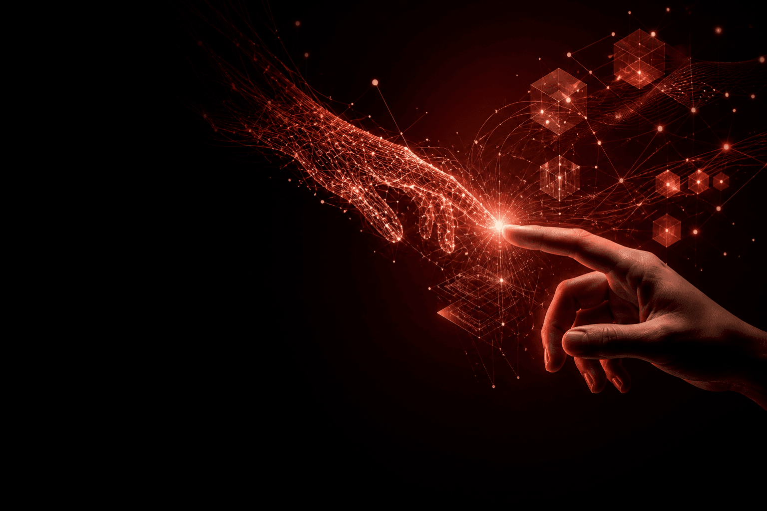 A human hand connecting with an intelligent digital system formed from light and data pathways